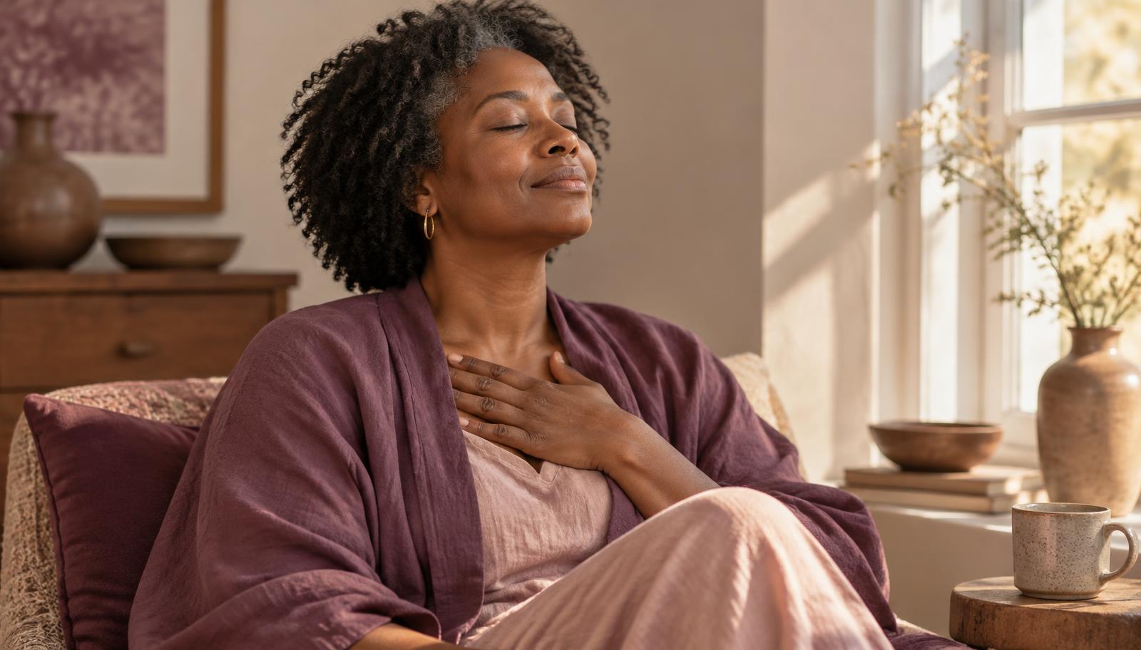 A woman of color in her late forties rests by a sunlit window, eyes closed, one hand on her chest.