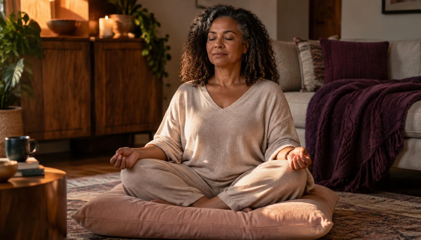 A woman of color in her early fifties sits cross-legged on a blush cushion in warm afternoon light, eyes softly closed.