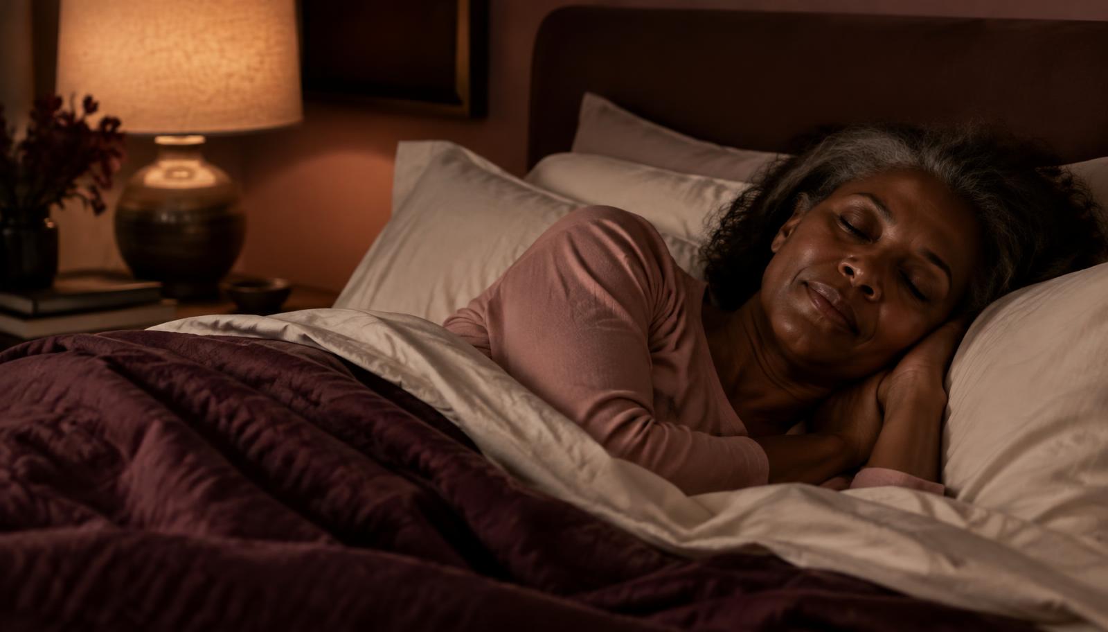 A woman of color in her late fifties sleeps peacefully under a plum blanket in soft lamplight.